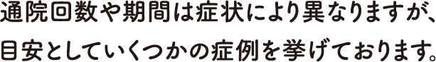 通院回数や期間は症状により異なりますが、目安としていくつかの症例を挙げております。